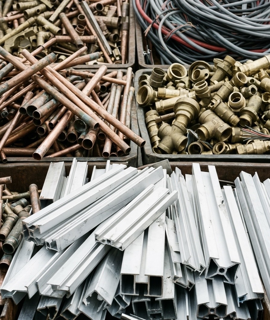 KI-generiertes Symbolbild: Kupferrohre, Messingteile, Kabel und Aluminiumprofile